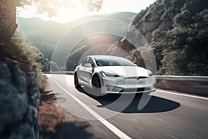 A photo of an electric car moving along a mountain road AI generated