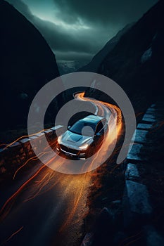 A photo of an electric car moving along a mountain road AI generated