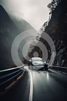 A photo of an electric car moving along a mountain road AI generated