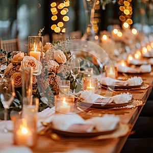 Photo Elegance in details table setting with flowers and glowing candles