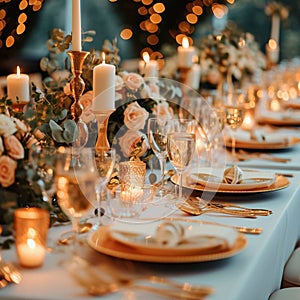 Photo Elegance in details table setting with flowers and glowing candles
