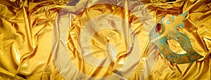 Photo of elegant and delicate Venetian mask over gold silk background