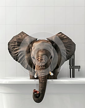 A photo of an elephant sitting in the bathtub, splashing water with its trunk. The background is a simple wall with