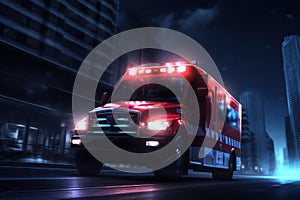 Photo of an emergency ambulance car moving fast on night american city downtown district with motion blur.