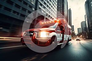 Photo of an emergency ambulance car moving fast on night american city downtown district with motion blur.