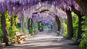 A photo of an empty bench shaded by a vibrant purple wisteria tree in a park, A tree corridor draped in purple wisteria in a