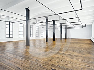 Photo of empty expo interior in modern building. Open space loft. Empty white walls. Wood floor, black beams,big windows