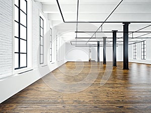 Photo of empty interior in modern building.Open space loft. Empty white walls. Wood floor, black beams,big windows