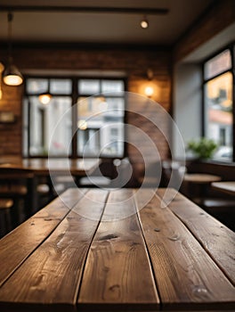 Photo Of Empty Rustic Bar Restaurant Wooden Table Space Plat, M With Defocused Blurry Pub Interior Sunny Weather Au. Generative AI