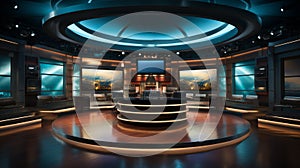 Photo of empty television studio broadcast room with professional camera, bright room, news room. Generative AI