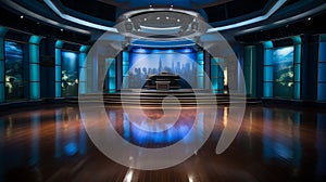 Photo of empty television studio broadcast room with professional camera, bright room, news room. Generative AI