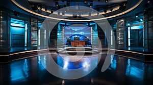 Photo of empty television studio broadcast room with professional camera, bright room, news room. Generative AI