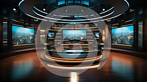 Photo of empty television studio broadcast room with professional camera, bright room, news room. Generative AI