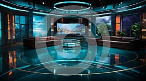 Photo of empty television studio broadcast room with professional camera, bright room, news room. Generative AI