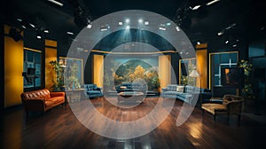 Photo of empty television studio broadcast room with professional camera, bright room, news room. Generative AI