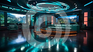 Photo of empty television studio broadcast room with professional camera, bright room, news room. Generative AI