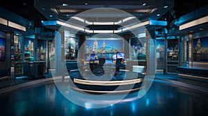 Photo of empty television studio broadcast room with professional camera, bright room, news room. Generative AI