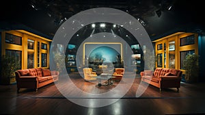 Photo of empty television studio broadcast room with professional camera, bright room, news room. Generative AI