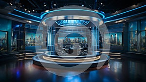 Photo of empty television studio broadcast room with professional camera, bright room, news room. Generative AI