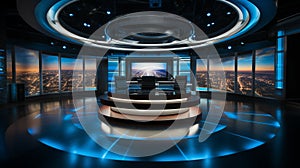 Photo of empty television studio broadcast room with professional camera, bright room, news room. Generative AI