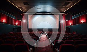 Photo of an empty theater with red seats and a projector screen