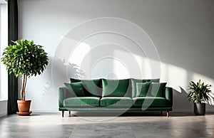 photo empty white wall interior with green sofa and potted plant