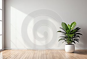 photo empty white wall interior with small potted plant