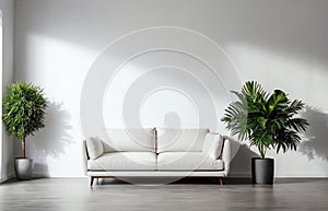photo empty white wall interior with sofa and green plant
