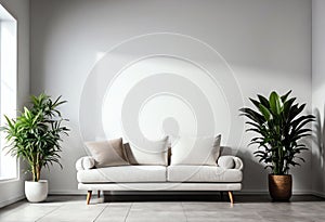 photo empty white wall interior with white sofa and small plant