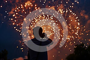 photo enthusiast with camera taken aback by fireworks display