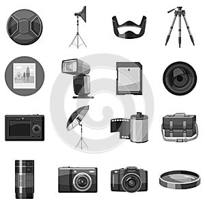 Photo equipment icons set, gray monochrome style