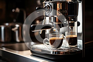 Photo of an espresso machine and freshly brewed coffee in two cups