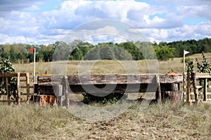 Photo of eventing equestrian rider jumping log barrier