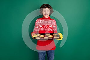 Photo of excited boy hold tray fresh baked cookies wear deer ornament sweater isolated green color background
