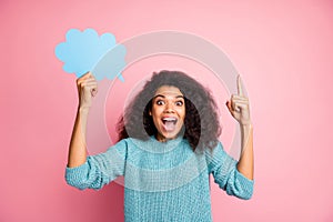 Photo of excited cheerful pretty stylish trendy woman in blue jumper overjoyed about having found solution to her