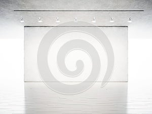 Photo exhibition modern gallery. Blank concrete wall in contemporary art museum. Interior industrial style with white