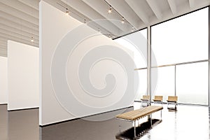 Photo exposition modern gallery,open space.Big white empty canvas hanging contemporary art museum.Interior loft style photo