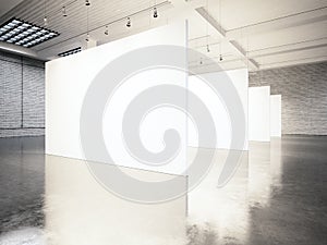 Photo exposition modern gallery,open space. Blank white empty canvas contemporary industrial place.Simply interior loft photo