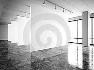 Photo exposition modern gallery,open space. Blank white empty canvas contemporary industrial place.Simply interior loft