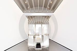 Photo exposition modern gallery,open space.Blank white empty canvas hanging contemporary art museum. Interior loft style