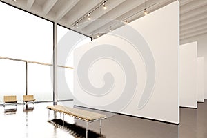Photo exposition modern gallery,open space.Huge white empty canvas hanging contemporary art museum.Interior loft style photo