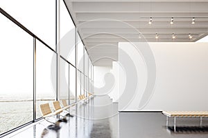 Photo exposition modern gallery,open space.White empty canvas hanging contemporary art museum.Interior loft style with