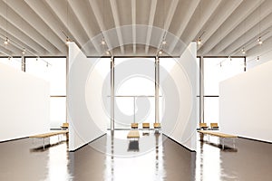 Photo exposition space modern gallery.Blank white empty canvas hanging contemporary art museum. Interior loft style with