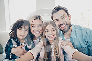 Photo of family two children making selfies weekend great mood best friends