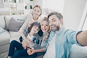 Photo of family two children taking selfies toothy smiling making v-sign symbol hand generation bonding