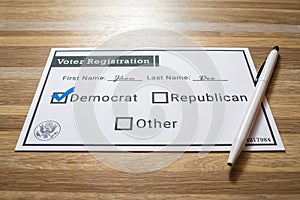 Voter registration card with Democratic party selected photo