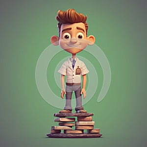 3d Character Rendering Of Little Boy On Pile Of Books photo