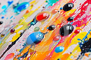 This photo features a close-up view of a painting, revealing an explosion of vibrant colors and intricate brushwork, Droplets of