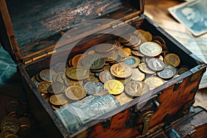 A photo featuring a chest overflowing with a diverse collection of coins from different countries and time periods, Treasure chest
