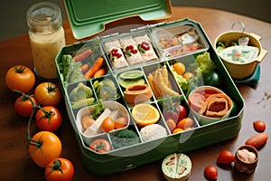 A photo featuring a green lunch box overflowing with a diverse assortment of delectable food, A lunchbox filled with organic food